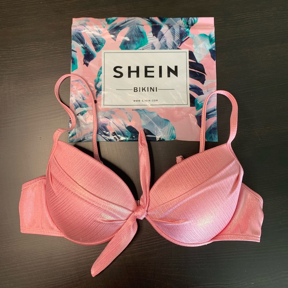 NWT SHEIN Shimmer Pink Spaghetti Strap Bikini Top